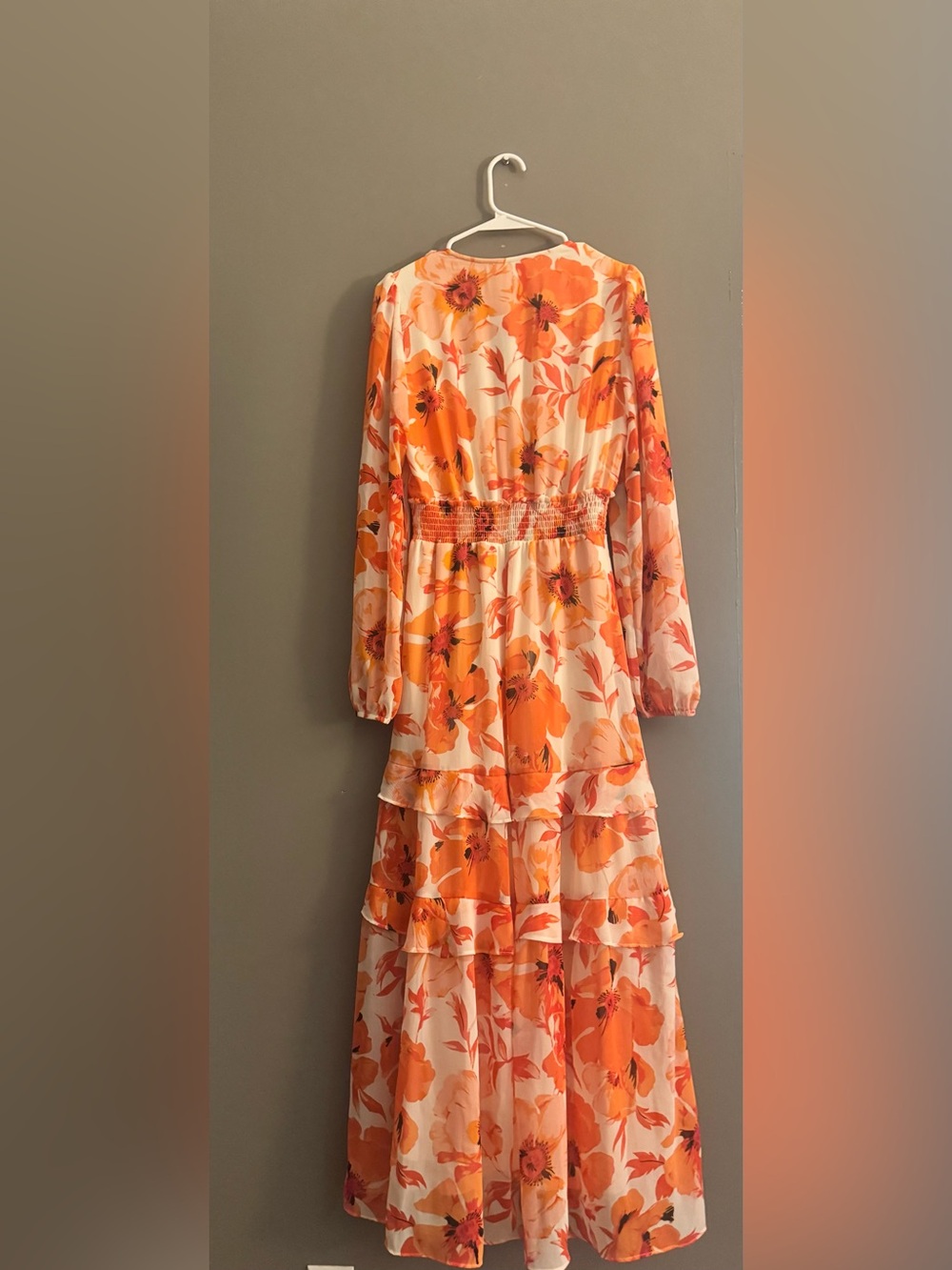 Orange Floral Long-Sleeve Maxi Dress with Smocked Waist - Picture 2 of 4